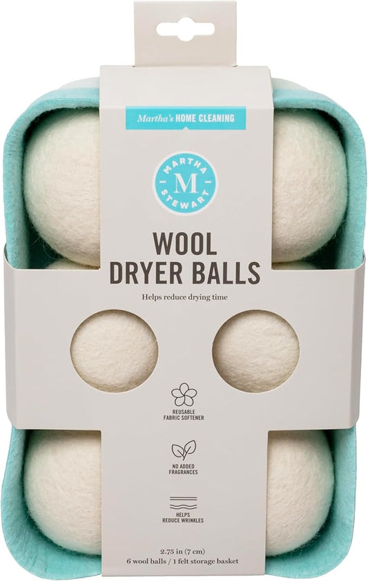 Martha Stewart Wool Dryer Balls – 6-Pack, Natural Fabric Softener with Storage Basket, Reduces Drying Time & Static, Reusable & Eco-Friendly Laundry Solution