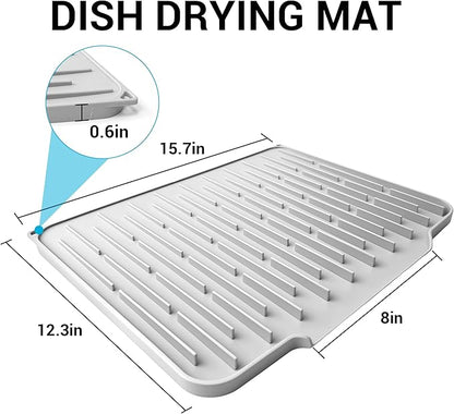 Silicone Dish Drying Mat for Kitchen Counter, Foldable & Heat Resistant Drying Pad with 5° Slope & Wide Drain, 15x12 Inch Non-slip Sink Mat for Bathroom and Countertop.(Light Grey）