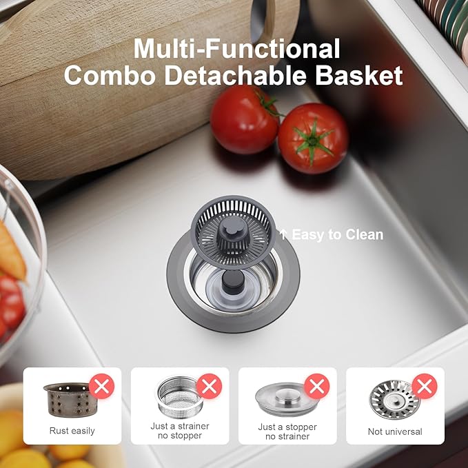 3 in 1 Kitchen Sink Drain Strainer and Stopper, 304 Stainless Steel Pop-up Anti-Clogging Basket Strainer, Fast Drainage Kitchen Sink Plug for Standard 3-1/2" Drain Hole