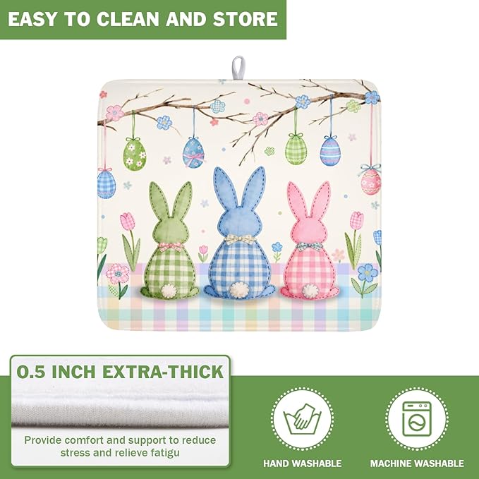 Easter Bunny Dish Drying Mat for Kitchen Counter 16 x 18 Inch Rabbit Eggs Dish Drainer Mat Absorbent Microfiber Dish Rack Pad for Spring Holiday Coffee Dining Bar Decor