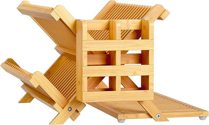 Greenual Bamboo Dish Drying Rack with Utensil Holder, 3 Tier Collapsible Dish Rack, Wooden Dish Racks for Kitchen Counter, Large Folding Drying Holder with Absorbent Dish Drying Mat