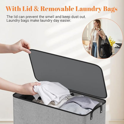 Large Double Laundry Hamper with Lid, Removable Bags & Reinforced Handles, 2 Section Tall Laundry Basket, Dirty Clothes Hampers for Laundry Room, Bedroom, Bathroom, Dorm, 155L, Gray