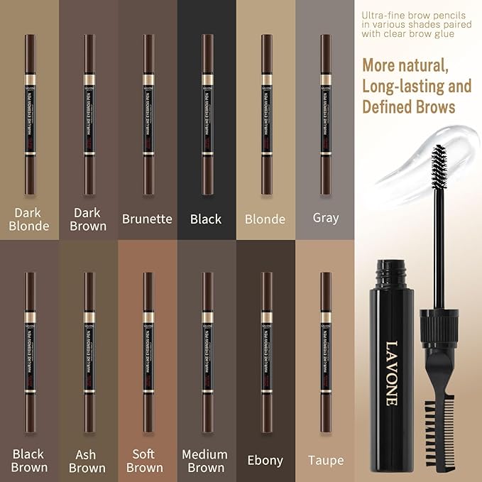 LAVONE Eyebrow Pencil Kit with Microblading Pen, Clear Gel, Eyeliner, Dual-ended Brush, Waterproof, Smudge Proof, Long Lasting Makeup Formula, Eyebrow Pencils for Women - Soft Brown