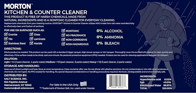 Morton Pro - Kitchen & Countertop HOCl Cleaning Spray, Salt-Based, Certified Non-Toxic & Food Contact Safe Everyday Cleaner (1 Gallon Bottle)