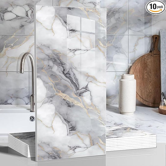 10pcs Thick Marble Peel and Stick Waterproof Wall Panels,Heat-Resistant Backsplash Tile, 23.6"x11.8" PVC Foam Wall Sticker for Kitchen,Living Rooms,TV Walls,Colorful (Not Real Tile 19.4Sq. Ft.)