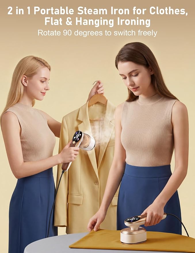 Travel Steamer for Clothes, 1200W Portable Handheld Steamer for Clothes, Portable Steam with LCD Display, 10s Fast Heat-Up, 2-in-1 Powerful Wrinkle Remover for Home & Travel (Yellow)