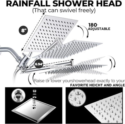 Filtered Shower Head,8 Inch Rain Shower Head with Handheld Spray Combo, Adjustable High Pressure Rainfall Shower Head, Dual Showerhead Set with Extension Arm and 60 Inch Long Shower Hose