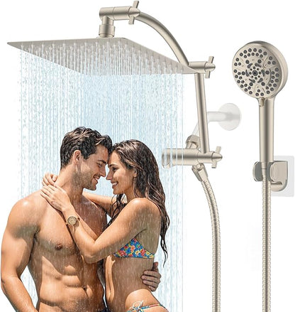 Hibbent All Metal cUPC Certified Shower Head, 10'' High Pressure Rain Shower Head, Handheld Showerhead Combo with 16'' Adjustable Extension Arm, 10 Sprays, 71'' Hose, Showerhead Holder, Brushed Nickel
