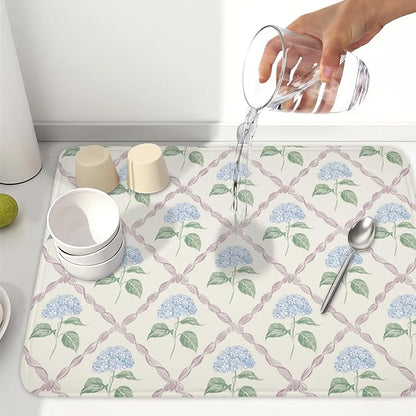 Hydrangea Floral Dish Drying Mat for Kitchen Counter Watercolor Blue and Pink Flower Drying Mat 18x24 Inch Rustic Elegant Absorbent Dish Drainer Mat Kitchen Accessories