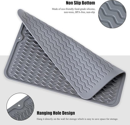 Large 14" x 11" Silicone Dish Drying Mat for Kitchen Counter, Easy clean, Quick Dry, Heat-resistant Dish Drainer Mat for Sink,Refrigerator or Drawer liner (Food Grade Silicone-Grey)