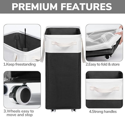 Goodpick Rolling Laundry Hamper with Wheels 75L, Black Laundry Hamper for Dirty Clothes, Collapsible Laundry Basket with Removable Wash, Black Laundry Basket with Wheels