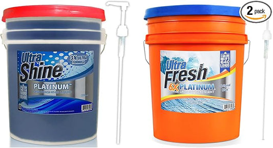 Ultra Fresh 6X Platinum Laundry Detergent, 5 Gallon, Bundled with Ultra Shine™ 3X Platinum™ Dishwashing Liquid and Pump, Up to 640 Loads, Orange/Blue