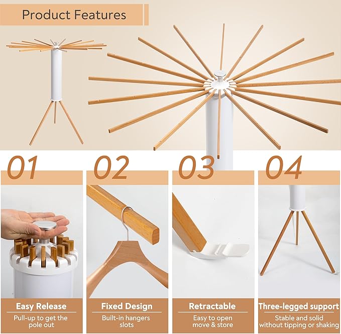Clothes Drying Rack, Foldable Wooden Tripod Drying Rack Clothing for Small Apartments Balcony Bedroom, Portable Space Saving Laundry Rack, Floor Standing with 16 Poles for Indoor Air Drying