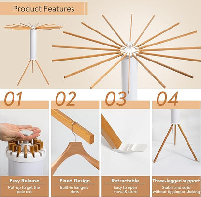 Clothes Drying Rack, Foldable Wooden Tripod Drying Rack Clothing for Small Apartments Balcony Bedroom, Portable Space Saving Laundry Rack, Floor Standing with 16 Poles for Indoor Air Drying