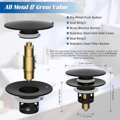 Hibbent All Metal 2 in 1 Bathroom Sink Stopper, Universal Pop Up Drain Strainer, Brass Bullet Core Push Type Sink Stopper for 1.1''~2.3'' Basin, Big Push Button, Anti Clogging Filter, Matte Black