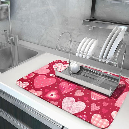 Valentine Day Love Heart Dish Drying Pad 18 x 24 Inch with Absorbent Reversible Microfiber Happy Valentines Pink Red Hearts Drying Mats For Kitchen Counter Dining Room Decoration