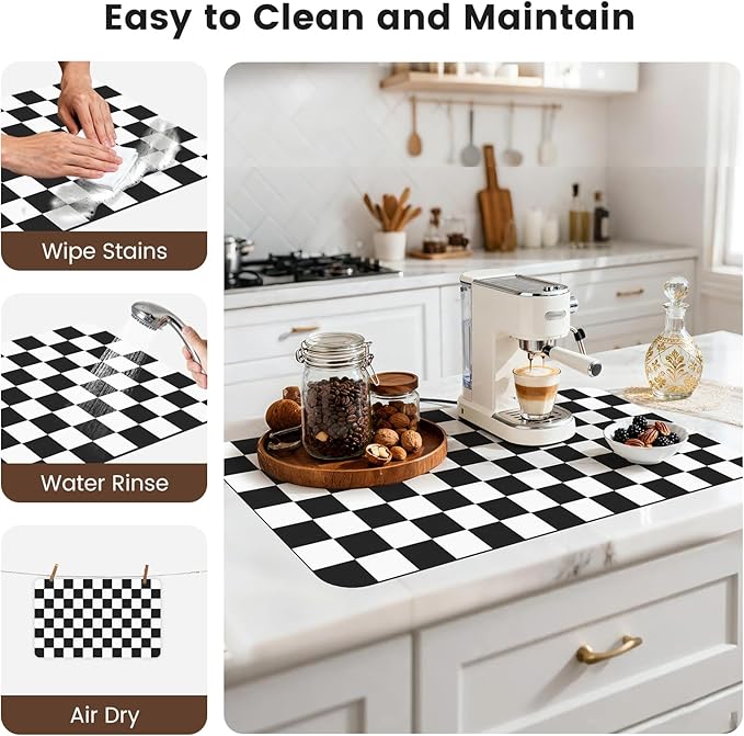 17" x 32" Checkered Dish Drying Mat for Kitchen Counter, Absorbent Coffee Bar Mat for Espresso Machine Coffee Countertops Accessories (Black)