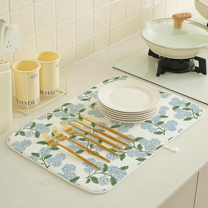 Blue Sage Green Hydrangea Dish Drying Mats 18x24 Inch Floral Mats Spring Holiday Kitchen Decor Absorbent Drying Dish Pad Rack Drainer Mats for Kitchen Dining Room