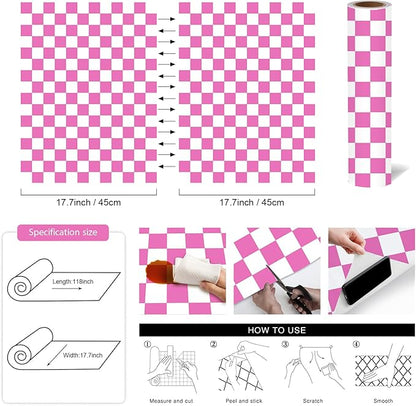 Modern Peel and Stick Wallpaper Pink and White Mosaic Checkered Contact Paper 17.7"x118" Self Adhesive Lattice Wallpaper Removable Decorative Wallpapers for Bedroom Countertops Cabinet Vinyl Roll