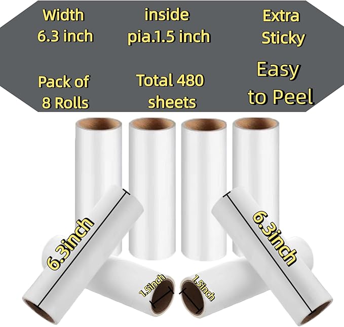 Lint Roller Refills 6.3 inch Great Value 8 pcs Extra Sticky Lint Remover Refills for Pet Hair Clothes Floor 6.3 in Long,1.5 in Diameter Lint Roller Replacement Refills（8 Refills of 480 Sheets Total）