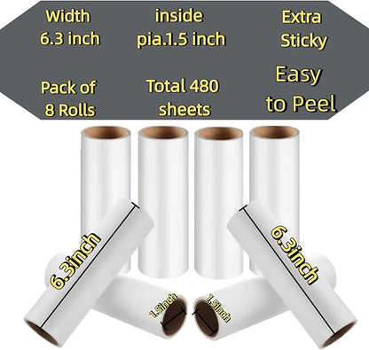 Lint Roller Refills 6.3 inch Great Value 8 pcs Extra Sticky Lint Remover Refills for Pet Hair Clothes Floor 6.3 in Long,1.5 in Diameter Lint Roller Replacement Refills（8 Refills of 480 Sheets Total）