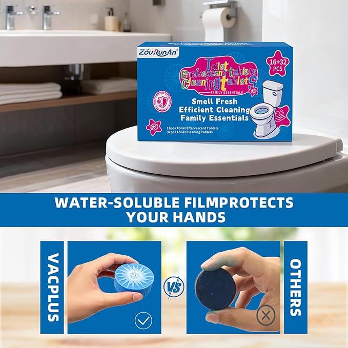 2-in-1 Toilet Cleaning Tablets (48 Pack) - 16 Effervescent Toilet Bowl Stain Remover and 32 Blue Toilet Tank Cleaner Tablets - Limescale Removal for Septic System