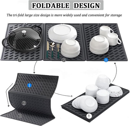 Dish Drying Mat for Kitchen Counter, Collapsible Trifold Large Dish Drainer Mat, Silicone Drying Mat with Hook, 24x16In Non-Slip Silicone Sink Mat, Easy to Clean, Black