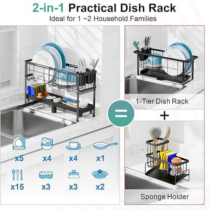 GSlife Narrow Dish Drying Rack, 2 Tier Small Dish Drainer for Kitchen Counter, Expandable Compact Dish Rack with Utensil Holder for RV/1-2 People, 15.7''-20.7''L x 7" D x 12.6" H, Black