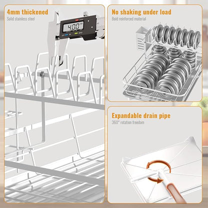 Dish Drying Rack,2-Tier Rustproof Steel Kitchen Organizer with Drainboard & Utensil Holder, Large Capacity Dish Drainer Organizer for Bowls/Cups/Bottles (MS-A-356-2)