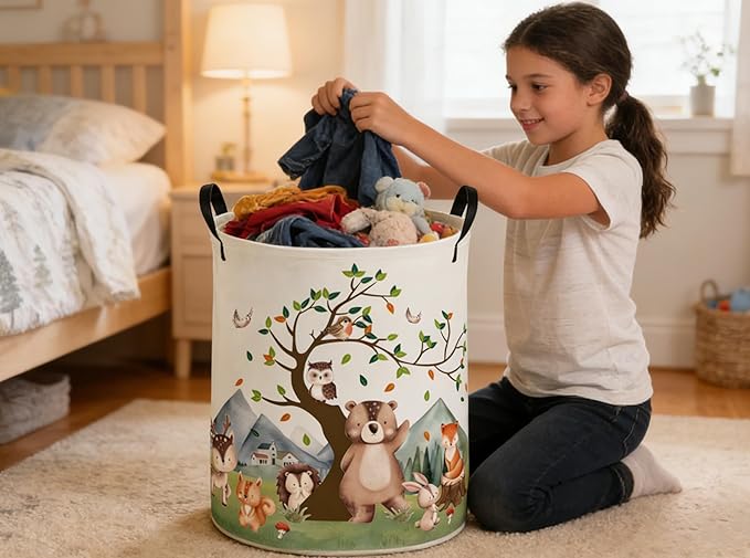 Kids Laundry Basket Animal Hamper for Nursery Woodland Hamper Cute Kids Storage Bin Organizer Room Decor for Home(Tree animal)