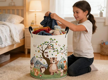 Kids Laundry Basket Animal Hamper for Nursery Woodland Hamper Cute Kids Storage Bin Organizer Room Decor for Home(Tree animal)