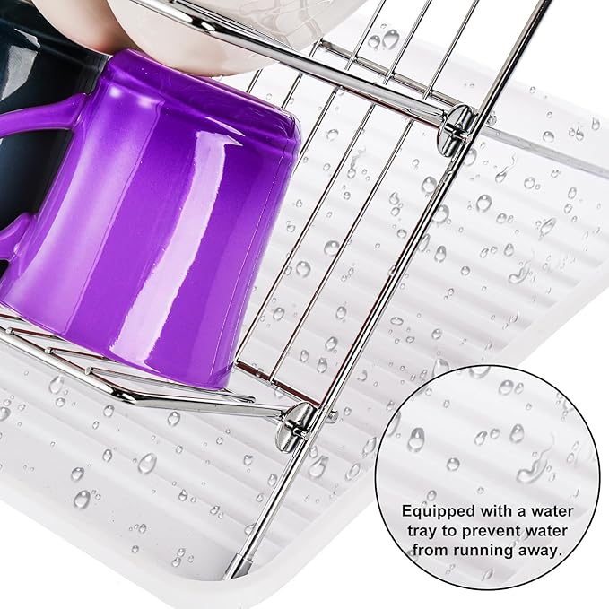 Foldable Dish Drainer, 2-Tier Stainless Steel Dish Drying Rack With Drip Tray and 5 Silicone Buckles, 13.3×10.6"Foldable Dish Drainer for Kitchen Sink, Countertop, Cutlery, Plates, and Dishes (White)