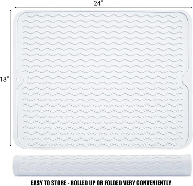 Large 24" x 18" Silicone Dish Drying Mat for Kitchen Counter, Easy clean, Quick Dry, Heat-resistant Dish Drainer Mat for Sink,Refrigerator or Drawer liner (Food Grade Silicone-Translucent)