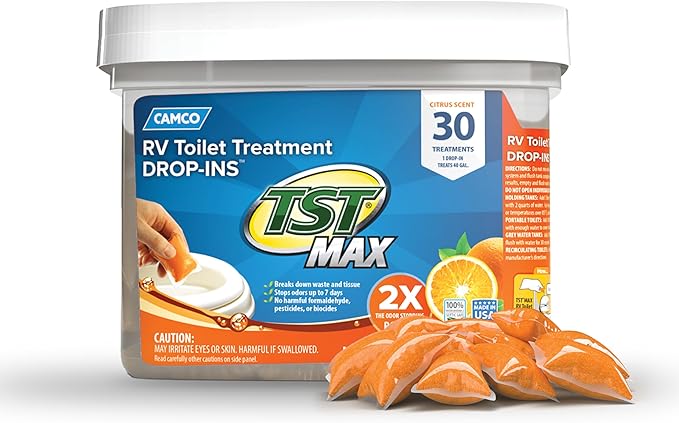 Camco TST MAX RV Toilet Treatment Drop-INs - Control Unwanted Odors & Break Down Waste and Tissue - Safe Septic Tank Treatment - Orange Scent, 30-Pack (41183)