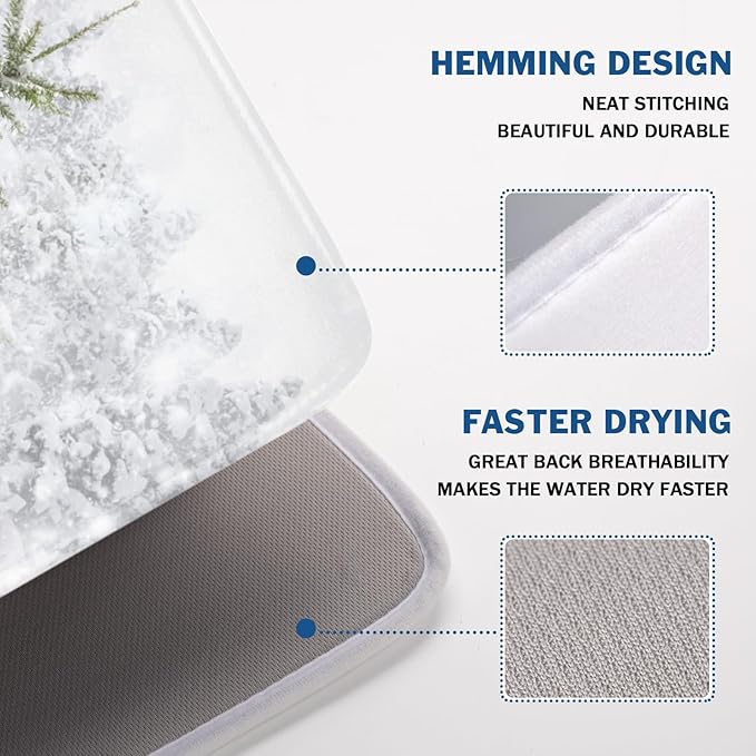 Winter Forest Dish Drying Mat for Kitchen Counter Silvery White Pine Trees Snow Snowflake Drying Mat 18x24 Inch Holiday Absorbent Dish Drainer Mat Kitchen Accessories