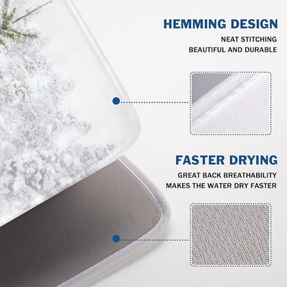 Winter Forest Dish Drying Mat for Kitchen Counter Silvery White Pine Trees Snow Snowflake Drying Mat 18x24 Inch Holiday Absorbent Dish Drainer Mat Kitchen Accessories
