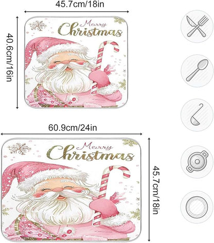 Christmas Santa Claus Pink Dish Drying Mat for Kitchen Countertop 16x18 Xmas Candy Cane Snowflake Small Drying Mat Reusable Quick Dry Dish Sink Mats Easy Clean Decorative Essentials