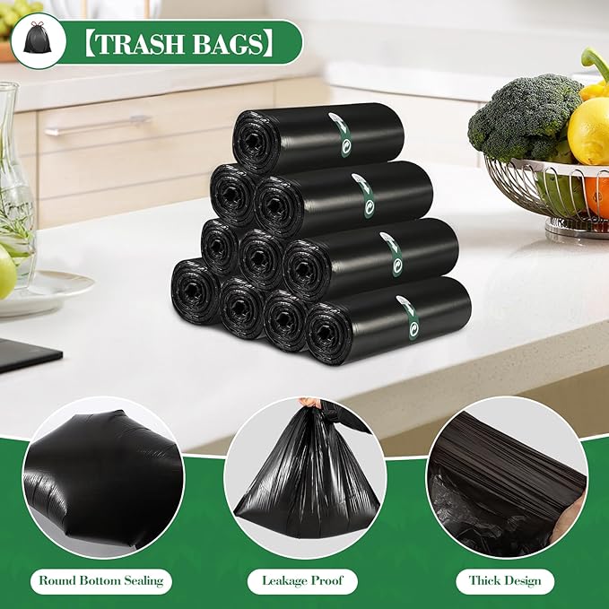 200 Counts 4 Gallon Trash Bag Drawstring Small Trash Bags, Thick Pre-separated Garbage Bags, Trash Bin Liners, Suitable for bathroom, kitchen, bedroom, office (Black)