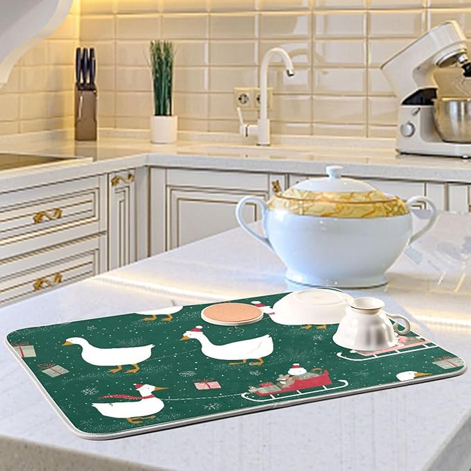 Christmas Geese Pattern Dish Drying Mat for Kitchen Counter Super Absorbent Drying Mat 18x24 inch Large Dish Drying Matts for Countertop Protector Dishes Pad
