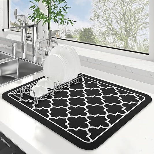 WISELIFE Dish Drying Mat Super Absorbent Drying Mat Large Dish Drying Mats for Kitchen Counter Easy Clean Dish Mat Kitchen Drying Mat15"x 18" Stylish Black