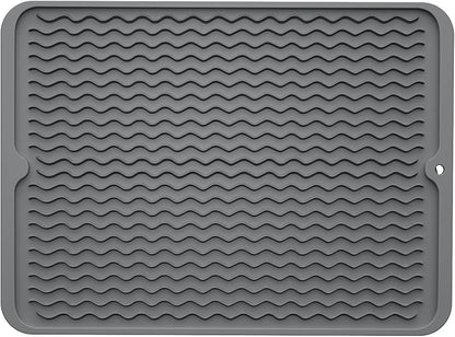 ZLR Silicone Dish Drying Mat for Kitchen Counter, Eco-Friendly Fast Dry Dish Mat, Easy Clean Multi Usage Drying Matt, Heat Resistant Trivet, 12" x 16" Large, Dark Gray