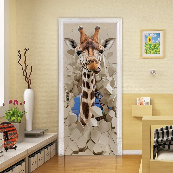 Door Wallpaper Self-Adhesive Poster 3D Picture Giraffe Film Photo Wallpaper Premium PVC Waterproof Wall Sticker for Bedroom Living Room Decoration Stickers 95 x 215 cm