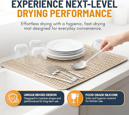 Silicone Dish Drying Mat for Kitchen Counter - Multi-Use 16 x 12 Inch Pad, Non-Slip & Heat-Resistant, Perfect Dish Drainer Mat by Linda’s Essentials, Ideal Kitchen Accessory (Beige)
