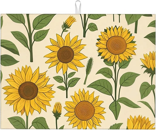 Sunflower Plants Dish Drying Mats for Kitchen Counter, Absorbent Reversible Microfiber Dish Drying Pad, Multi-Use Large Drying Mat Coffee Bar Accessories 18"x24"