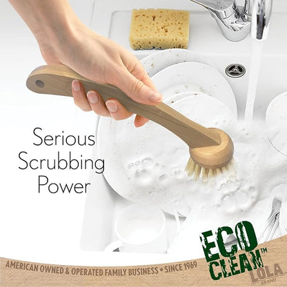 LOLA Eco Clean Bamboo Dish Brush, Multi Purpose, Sustainable Ergonomic Renewable Bamboo Handle, Fibers are Recycled Soda/Water Bottles - 1 CT