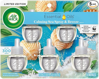 Air Wick Plug In Scented Oil Refill, Infused with Essential Oils, Plug In Air Fresheners for Home, Calming Sea Spray & Breeze, 5 ct