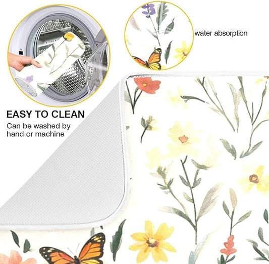 Watercolor Flowers Microfiber Dish Drying Mat Absorbent Dish Draining Mat Large Size 18 x 24 Dishes Drainer Mat for Countertop Dish Drying Pads