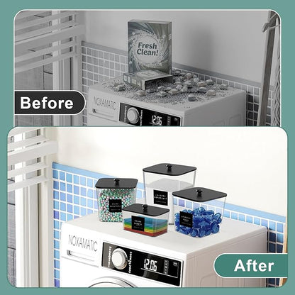 POLRAI 4 Pack Laundry Pod Containers and Dryer Sheet Holder Clear Jars with Bamboo Lids and Labels Laundry Room Organization Containers for Scent Booster Powder Detergent Pods Storage