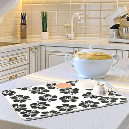 Tropical Hawaiian Hibiscus Flowers Dish Drying Mat for Kitchen Counter Absorbent Microfiber Drying Pad, Medium 16x18 in