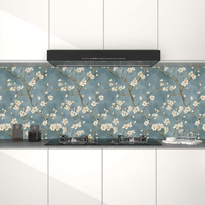 Blue Floral Wallpaper Peel and Stick Vintage White Flowers Contact Paper Vinyl Self Adhesive Removable Retro Cherry Blossom Wall Mural Wall Paper for Room Walls Shelve Cabinet Table Decor 17.5" x 118"